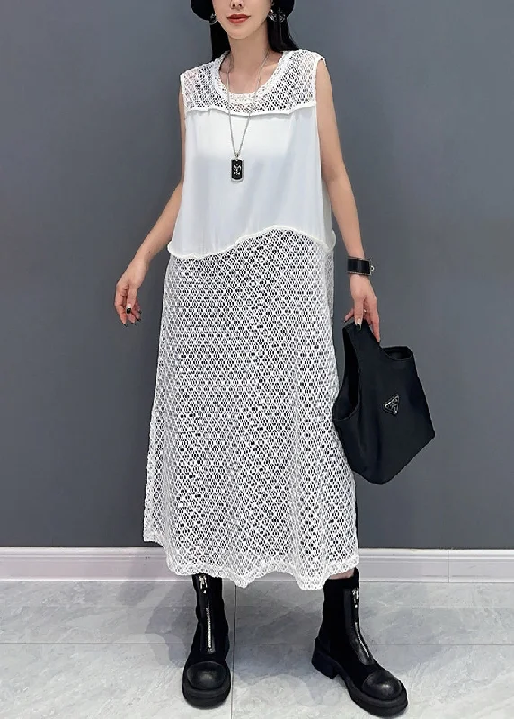 stretchable tops for women -Elegant White O Neck Hollow Out Knit Dress Sleeveless