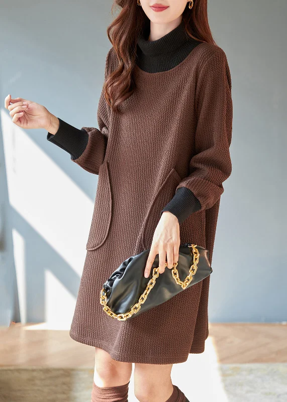 business casual blouses for women -Classy Chocolate High Neck Patchwork Thick Knit Dress Spring