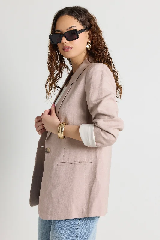 thick fleece coats for women -unique tops for women -Atlantic Mushroom Linen Blend One Button Blazer