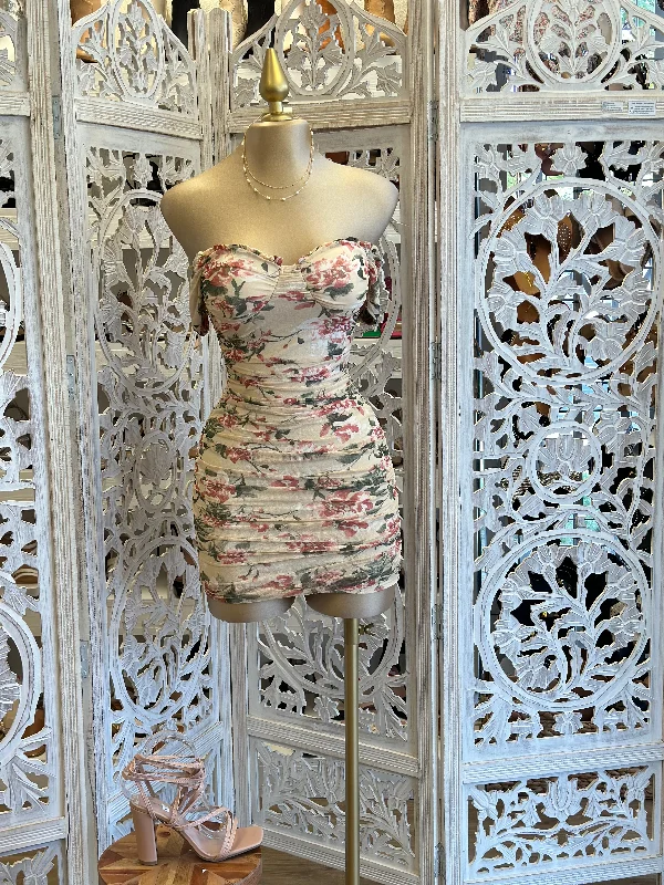 high-low dresses for women -women's halter tops -Beige Floral Mini Dress