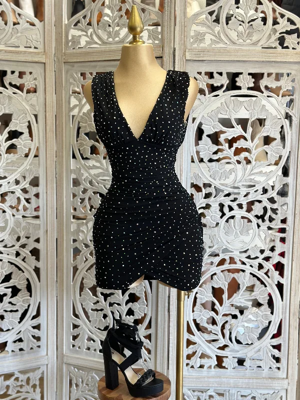 shift-style dresses for women -women's mesh tops -Black Rhinestone Mini Dress