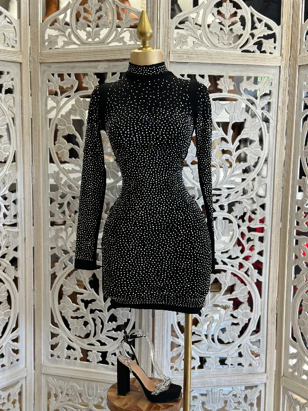 bohemian dresses for women -women's ribbed tops -Black Rhinestone Mock Neck Mini Dress