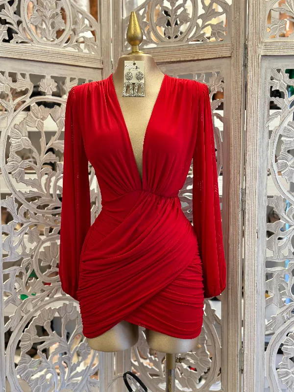 silk dresses for women -asymmetrical tops for women -Cherry Red Deep V Mini Wrapped Dress