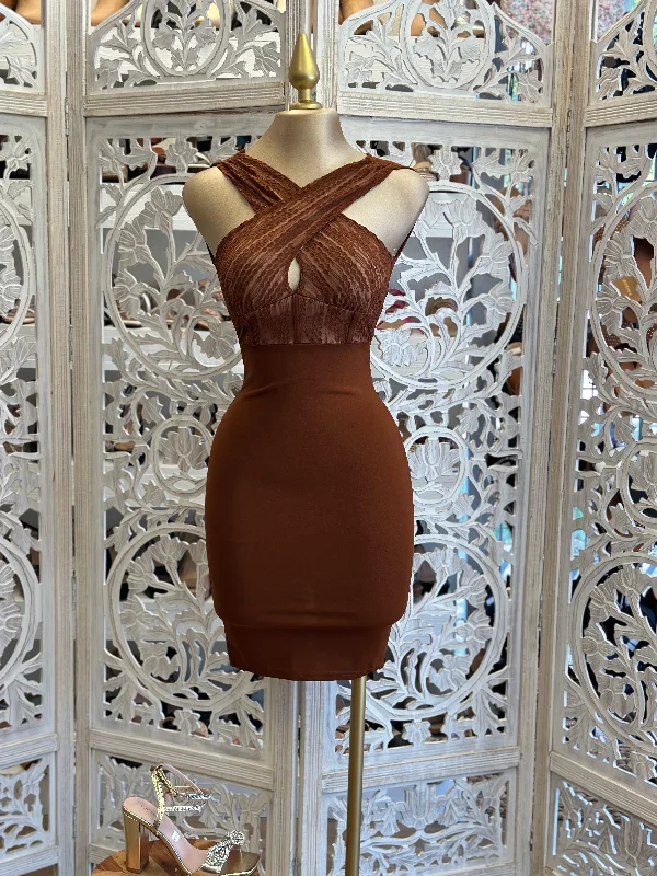 silk dresses for women -asymmetrical tops for women -Cognac Crossed Mini Dress