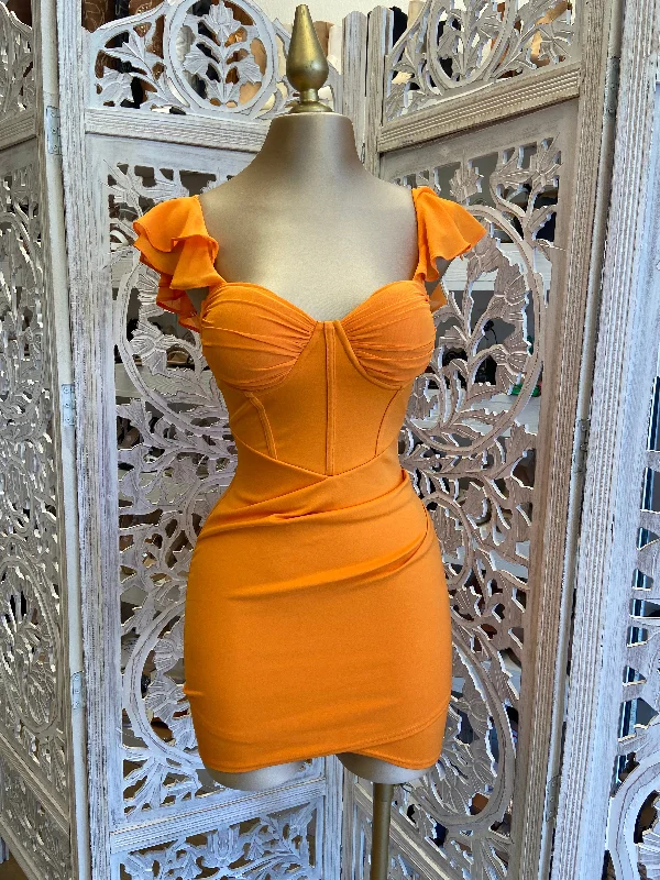 shift-style dresses for women -women's mesh tops -Orange Ruffle Sleeve Mini Dress