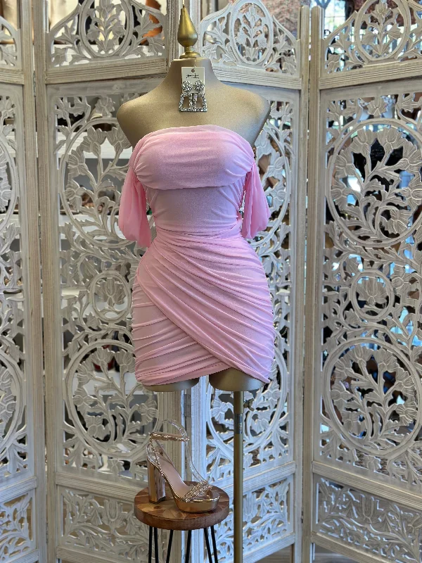 satin dresses for women -striped shirts for women -Cotton Pink Draped Mini Dress