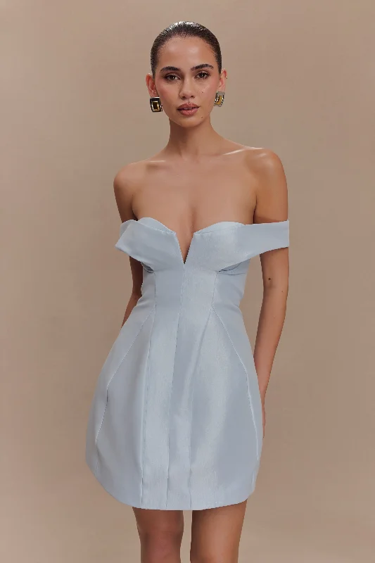 women’s dressy cocktail dresses -tie-front tops for women -Diana Off Shoulders Mini Dress - Powder Baby Blue