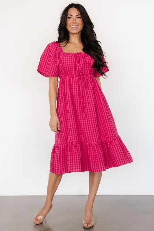 tiered dresses for women -ruched tops for women -Erica Dress | Pink Gingham Print