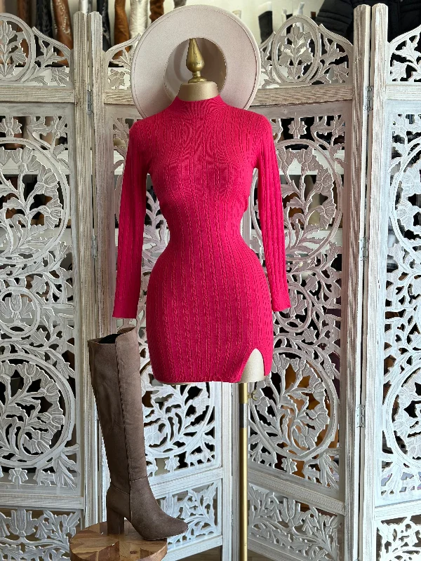 A-line dresses for women -short sleeve tops for women -Fluorescent Pink Sweater Mock Neck Mini Dress