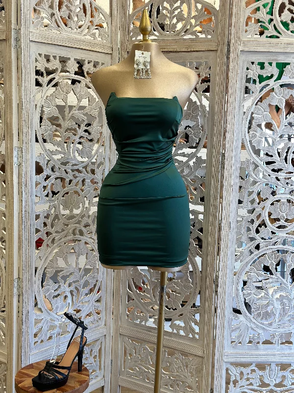 striped dresses for women -women's silk tops -Forest Green Satin Mini Dress