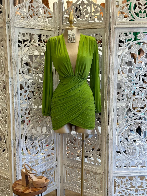 romantic dresses for women -women's satin blouses -Grass Green Deep V Mini Wrapped Dress