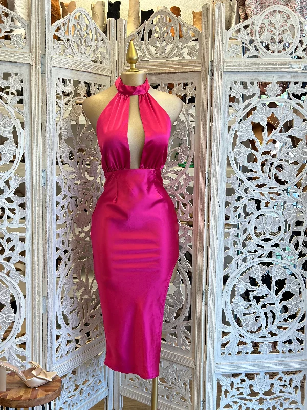 puff sleeve dresses for women -women's velvet tops -Hot Pink Chain Halter Neck Dress