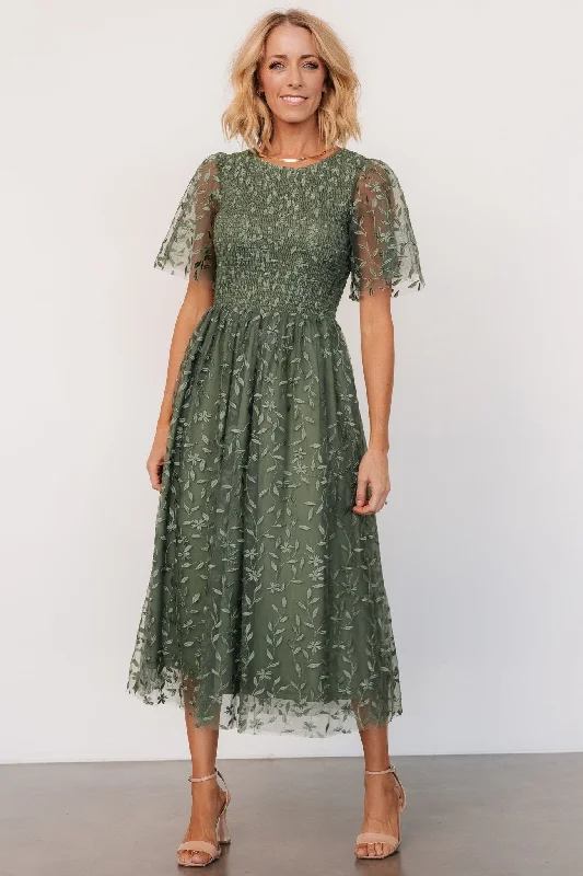 vintage floral dresses for women -boho style tops for women -Kendra Embroidered Dress | Dark Sage