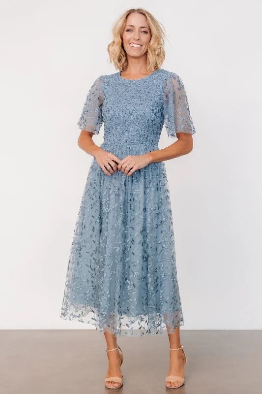 draped dresses for women -puff sleeve blouses for women -Kendra Embroidered Dress | Dusty Blue