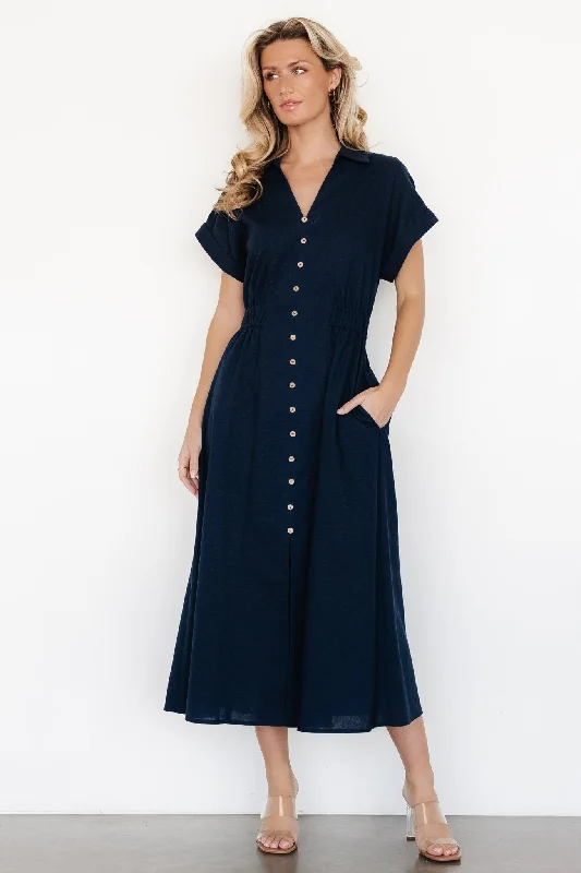 high-low dresses for women -women's halter tops -Larah Button Dress | Navy Blue