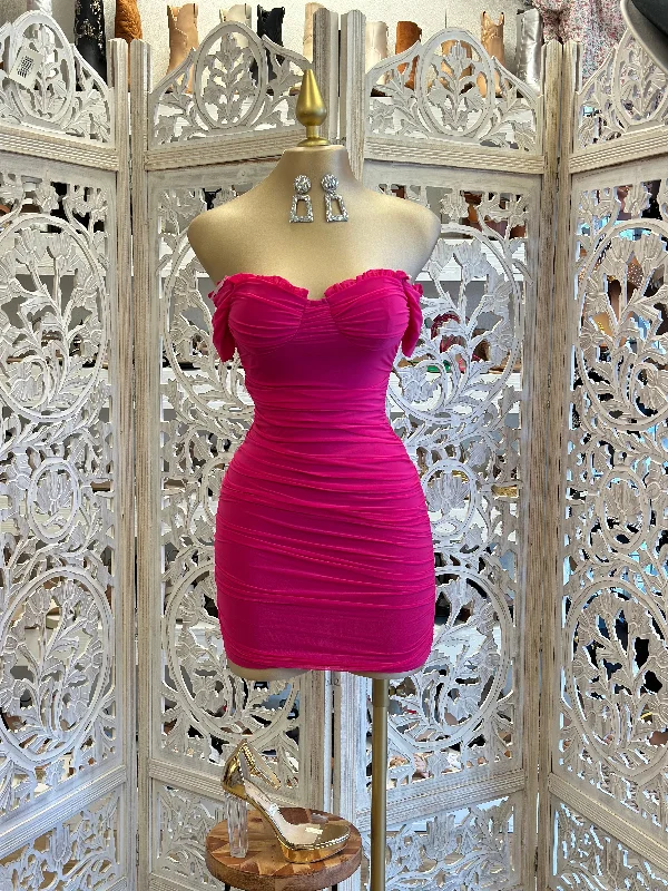 trendy midi dresses for women -elegant women's tops -Magenta Ruched Mini Dress