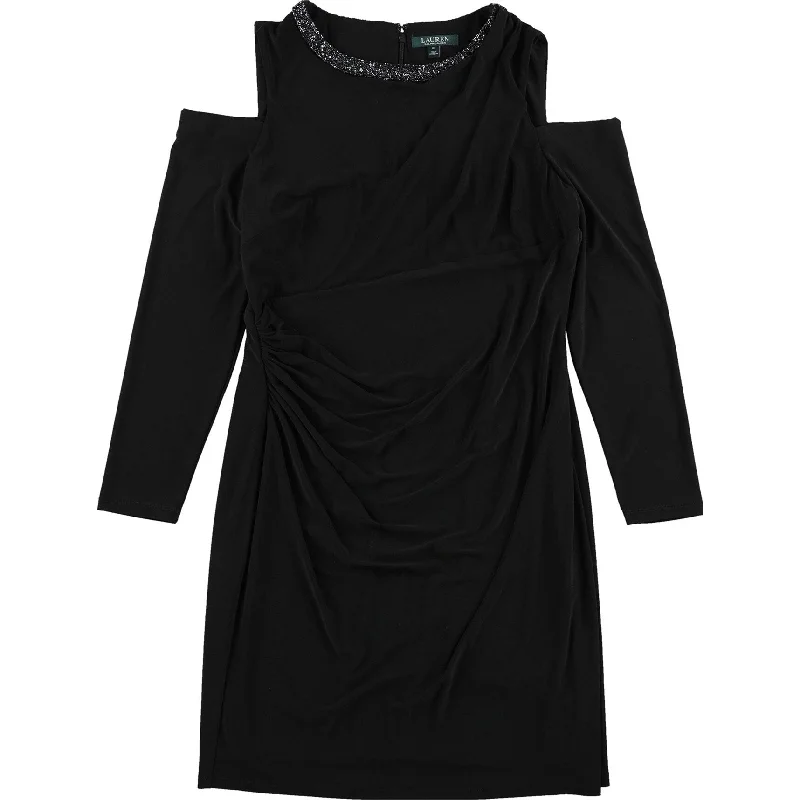 satin wrap dresses for women -long tunic tops for leggings -Ralph Lauren Womens Beaded Neck Jersey Cold Shoulder Dress, Black, 2