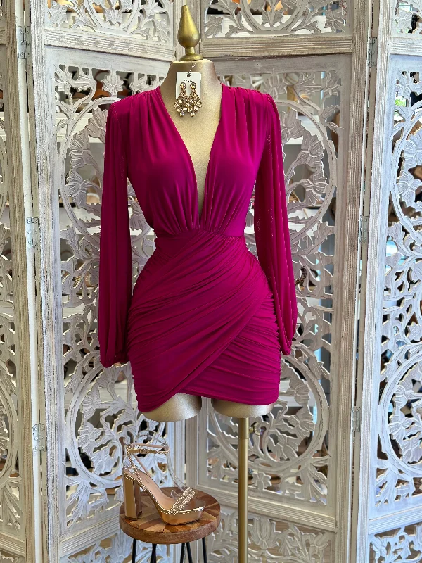 long sleeve dresses for women -women's tunic tops -Raspberry Draped V Mini Dress