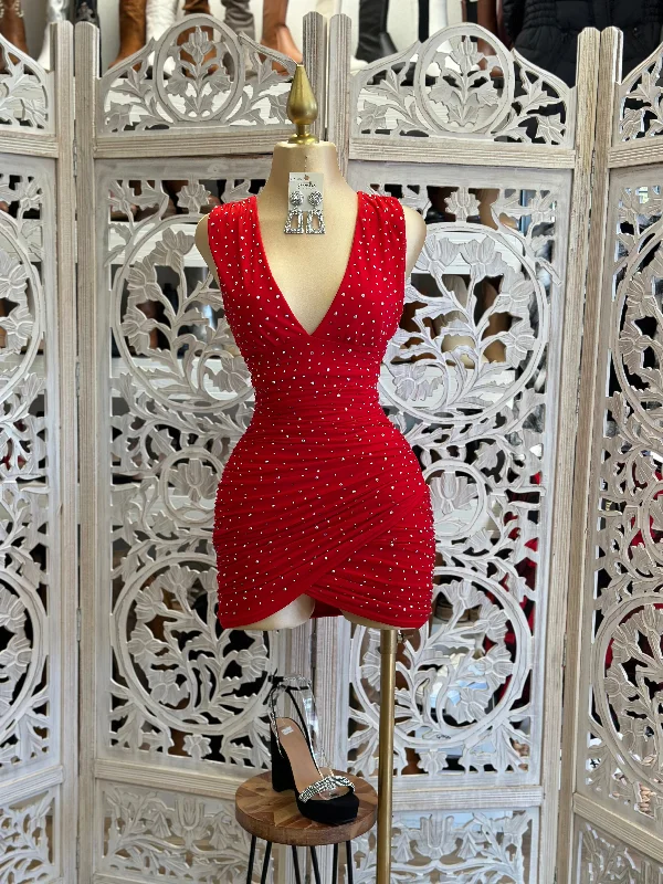 casual shift dresses for women -women's wrap tops -Red Rhinestone Mini Dress