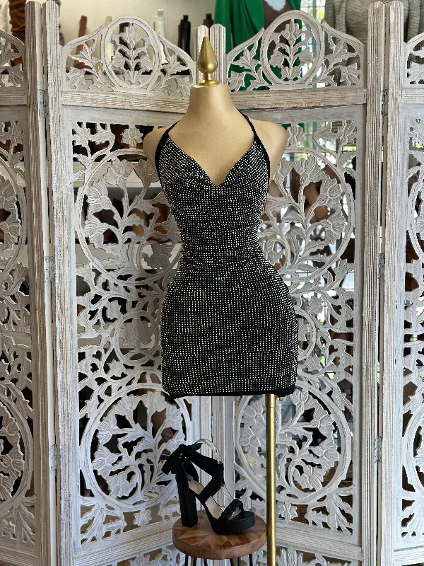 asymmetrical dresses for women -cozy women's tops -Rhinestone Cowl Mini Dress