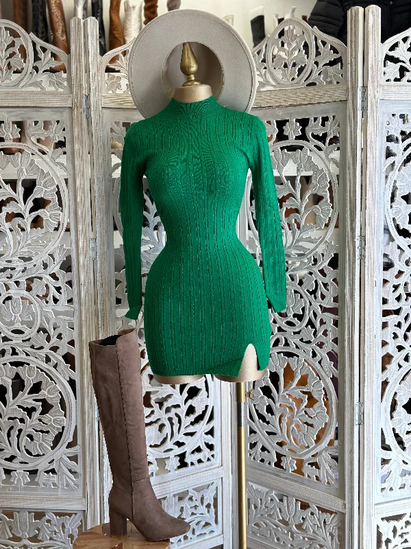 satin dresses for women -striped shirts for women -Sea Green Sweater Mock Neck Mini Dress