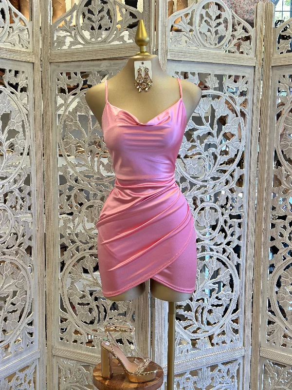 women's summer dresses -trendy women's shirts -Draped Satin Pink Mini Dress