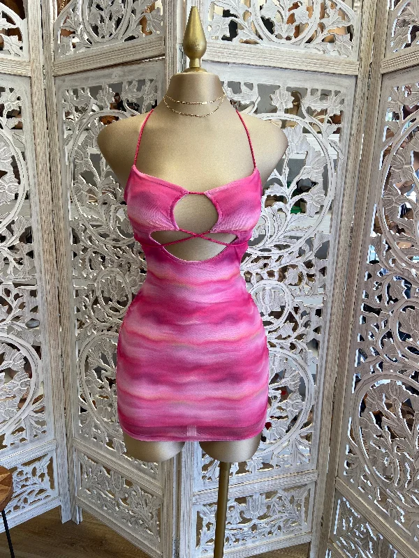 women’s retro dresses -stretchable tops for women -Tie Dye Hot Pink Cutout Mini Dress