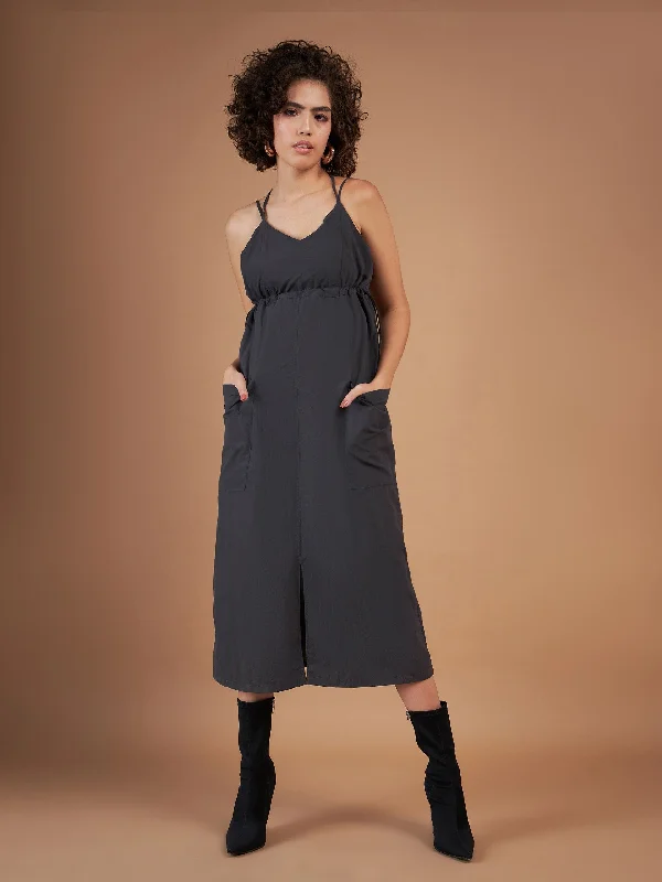 sleeveless maxi dresses for women -breathable tops for women -Women Dark Grey Front Pockets Parachute Dungaree Dress