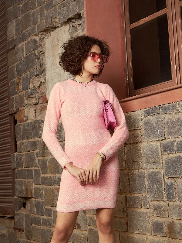 women's lace dresses -women's ruffle tops -Women Light Pink Zig Zag Woolen Sweater Dress