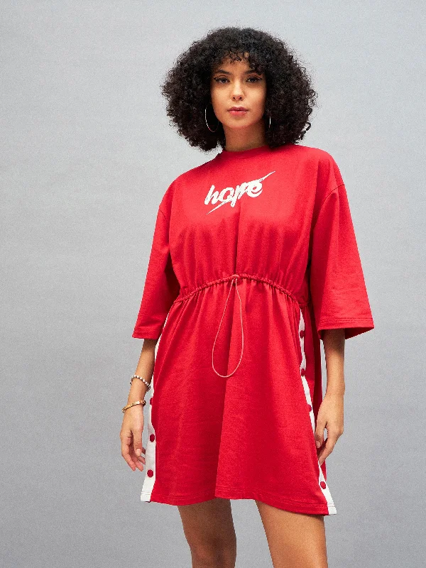 shift dresses for women -loose fit women's tops -Women Red Knitted HOPE T-Shirt Dress